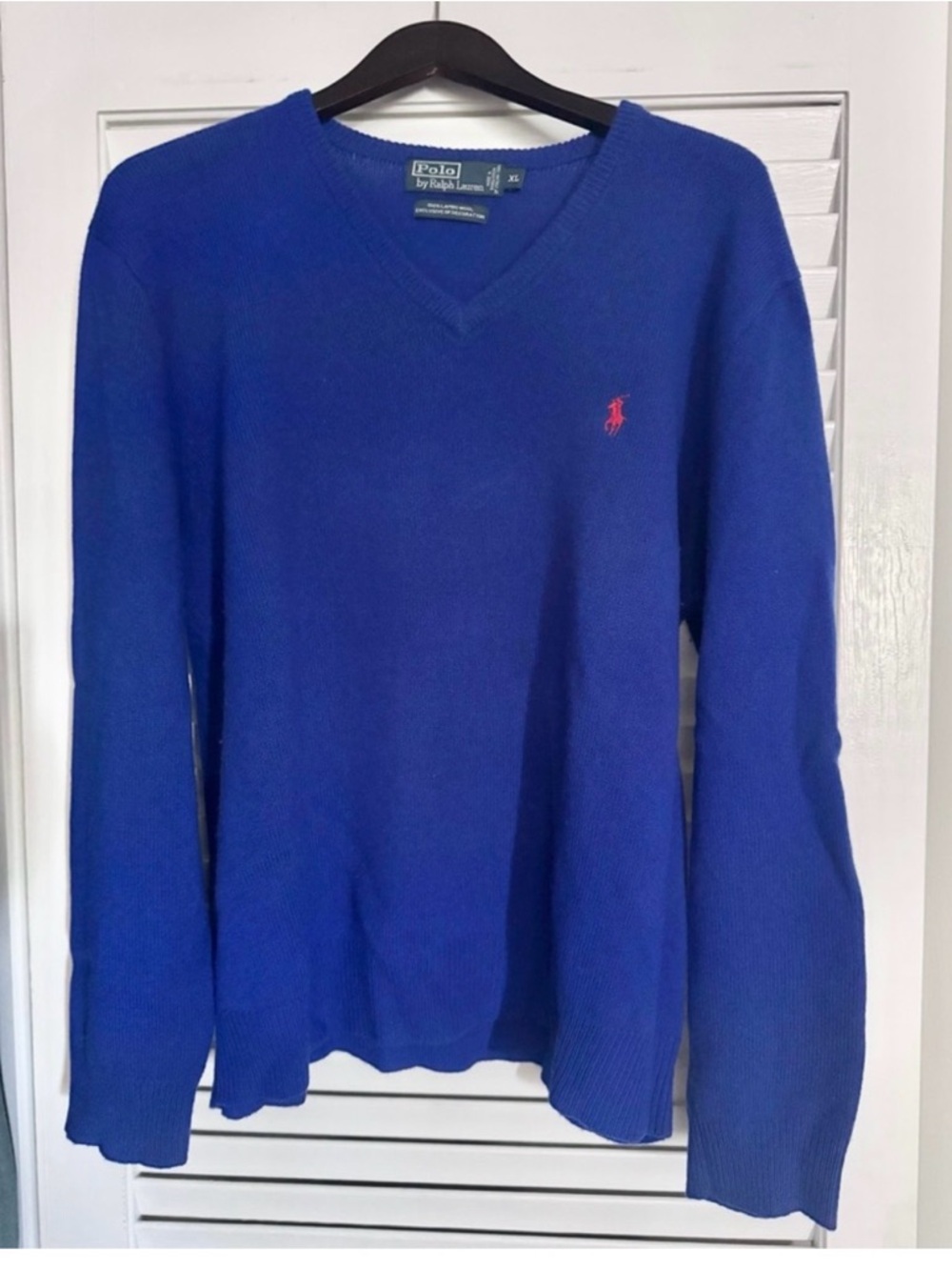 Ralph Lauren Men’s V-Neck Sweater in Cobalt Blue with Red Pony